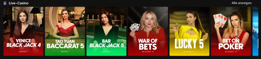 RedNeck Spins Casino Live Casino Bereich mit Blackjack Baccarat und Poker Spielen