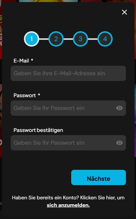 RedNeck Spins Casino Registrierungsformular mit E Mail und Passwort Eingabe im ersten Schritt