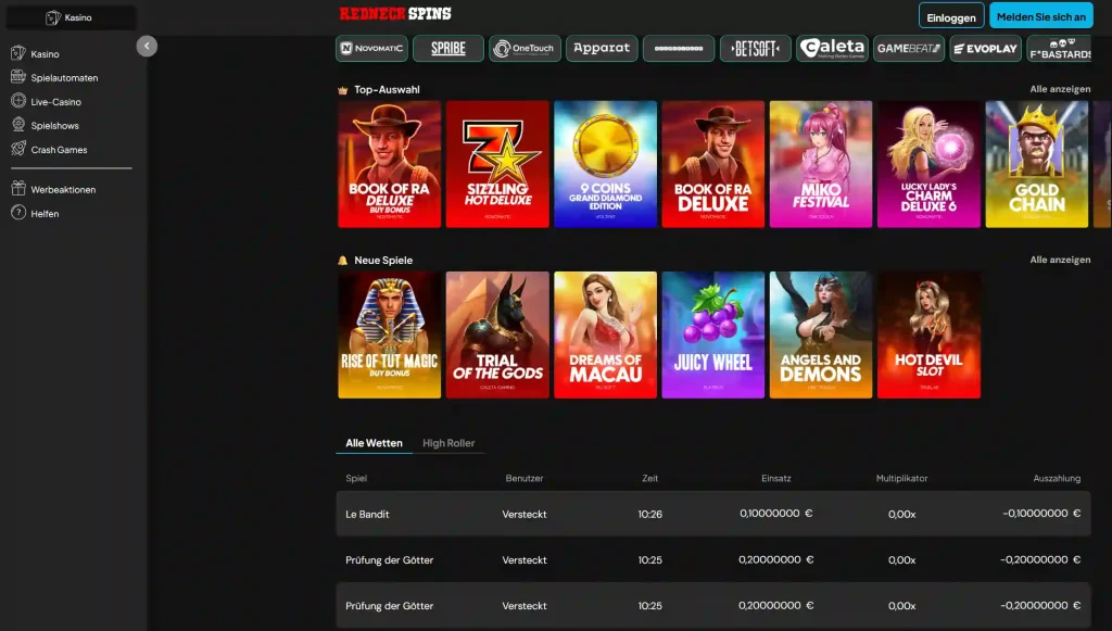 RedNeck Spins Casino Startseite mit Spiele Lobby Top Auswahl und neuen Slots