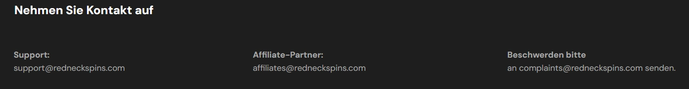 RedNeck Spins Casino Support Bereich mit Kontakt E-Mail und Affiliate Partner Infos
